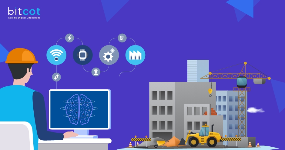 How AI and ML Work in the Construction Industry - AI-powered worker with construction site and digital brain