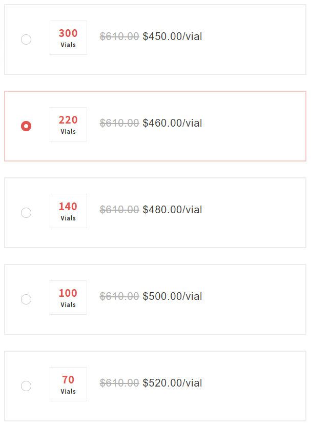 BigCommerce pricing system showing bundle pricing with quantity-based vial pricing