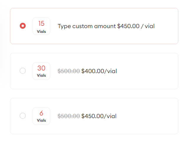 BigCommerce pricing system screenshot showing custom vial pricing options