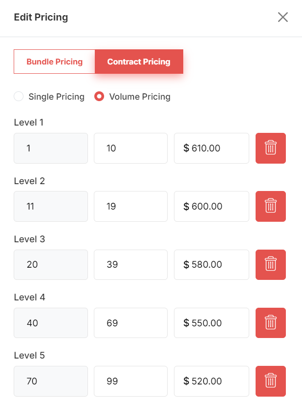 Volume Pricing configuration with quantity ranges for B2B contract pricing
