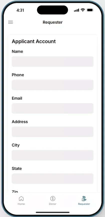 Requester Registration Screen