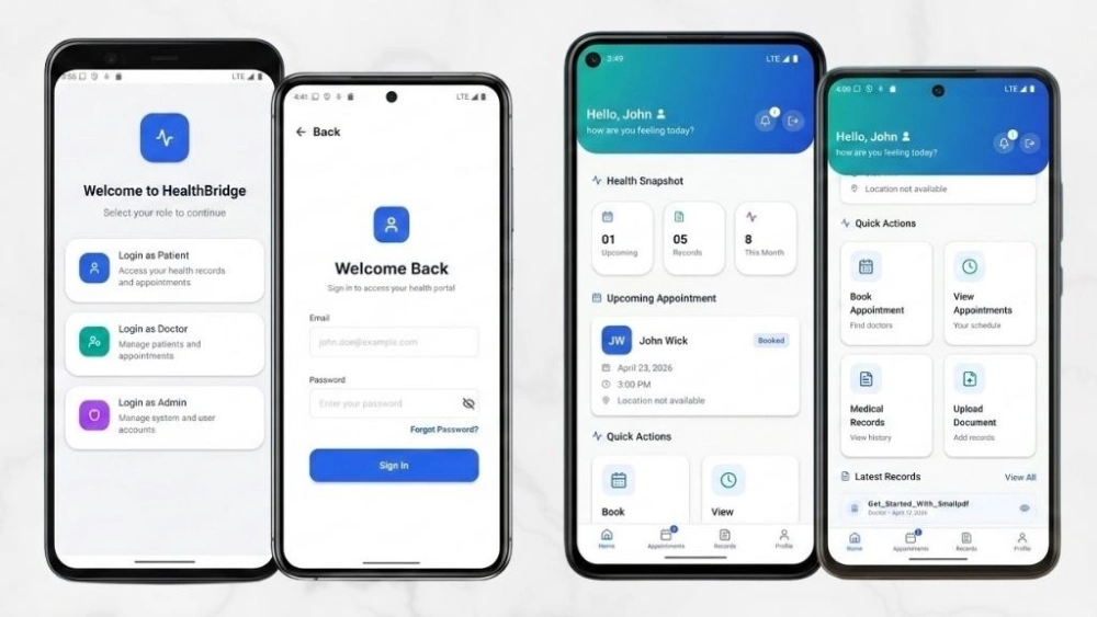 HealthBridge Patient Portal mobile app interface showing patient dashboard and health records