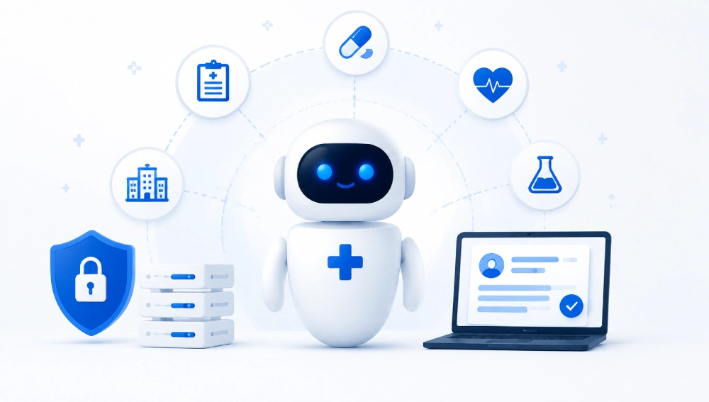 Friendly robot in a healthcare tech hub