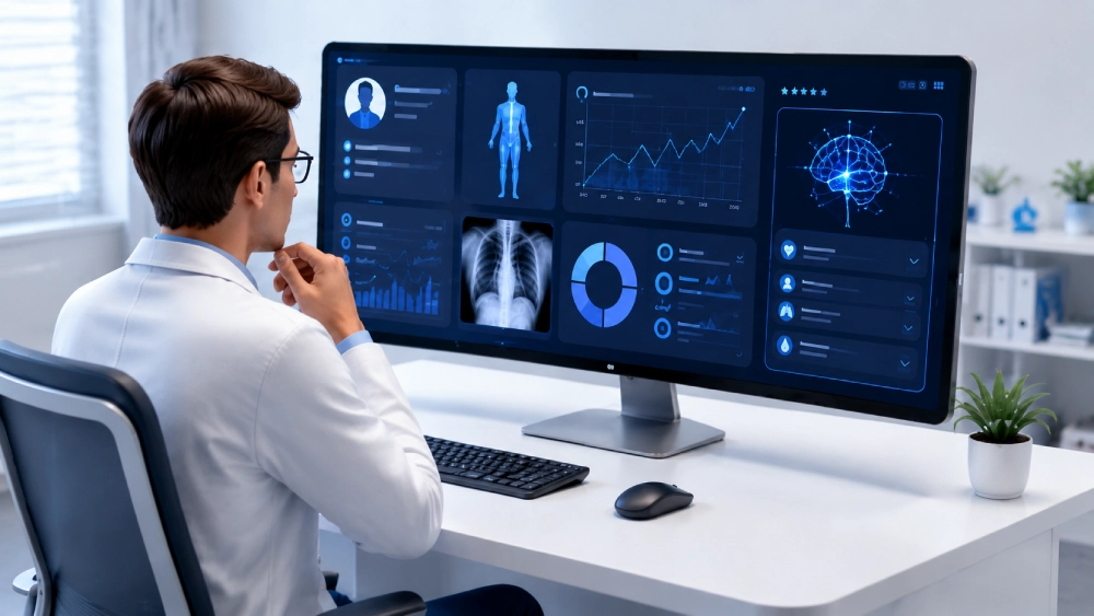 Futuristic medical office with data dashboard