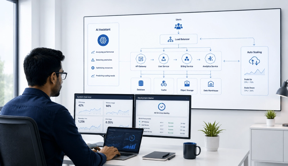 Modern tech workspace with cloud diagram