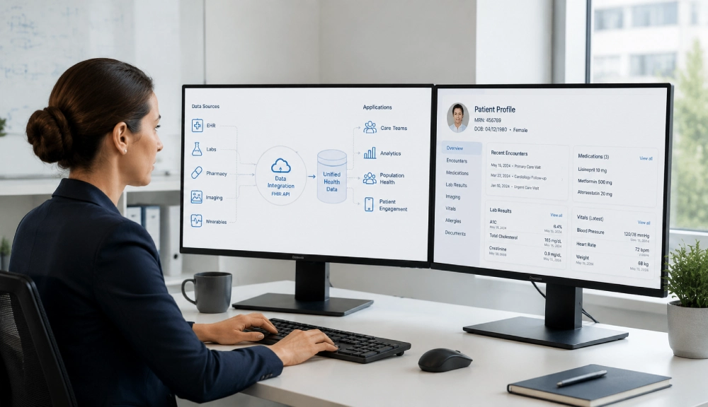 Professional office with health data dashboard