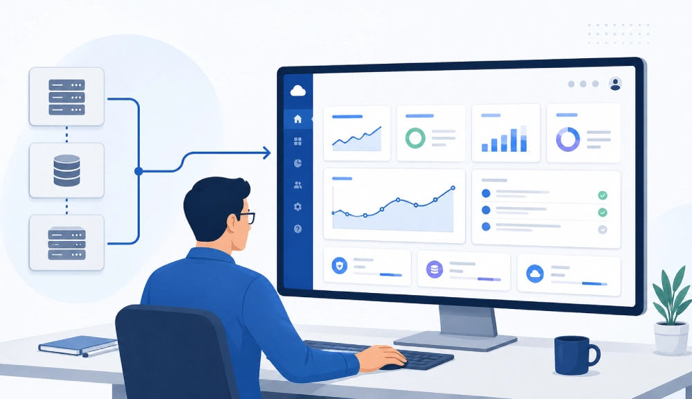 Tech workspace with data dashboard