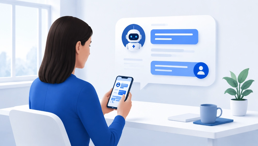 Woman interacting with chatbot in minimal office