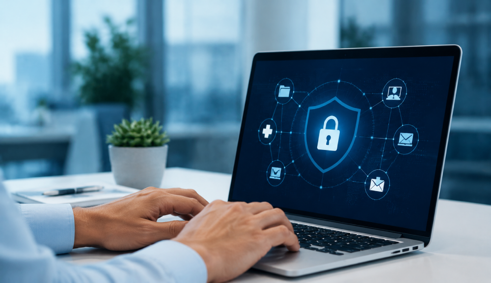 Tech workspace with cybersecurity focus