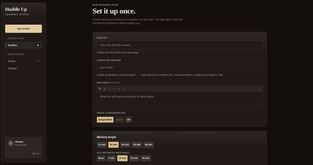 Organiser booking page configuration screen showing open hours and the matching slots per week preview