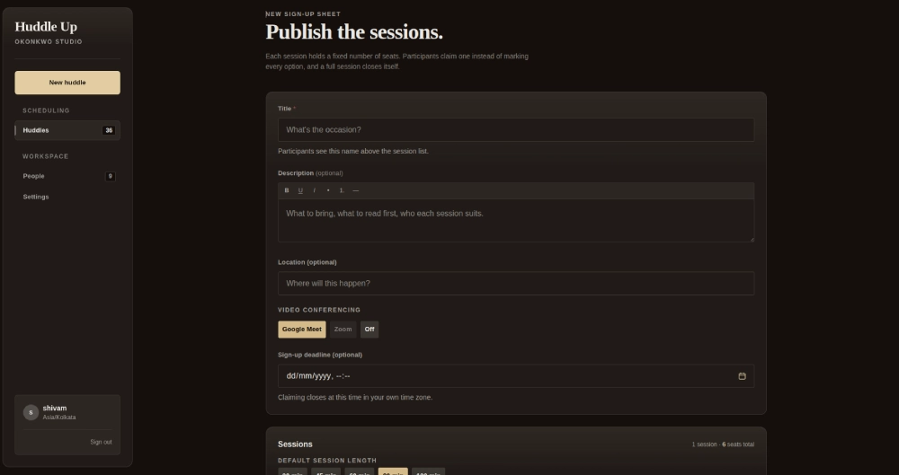 Huddle Up sign-up sheet showing a fully booked session and an active waiting list