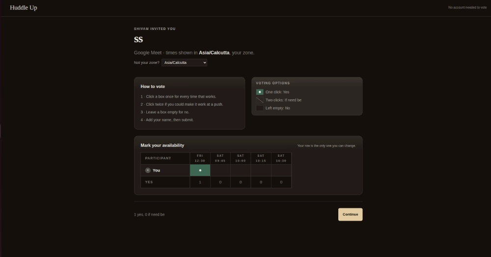 Huddle Up live vote grid showing guest availability across candidate meeting times with the leading column highlighted