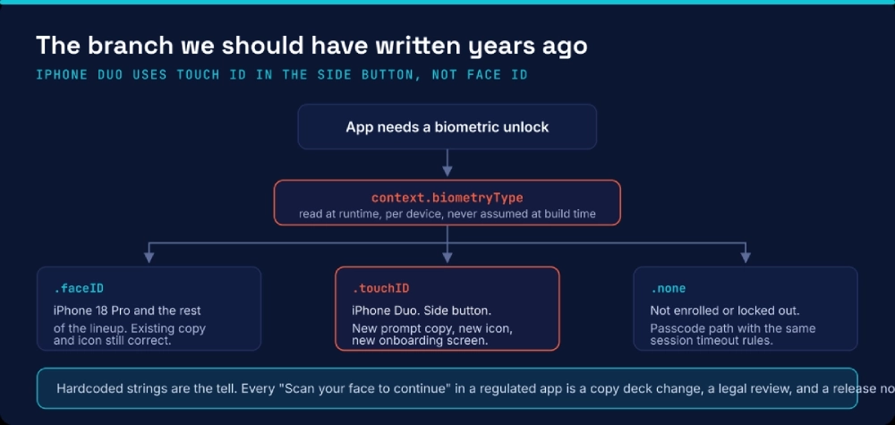 Biometry type is a runtime question. iPhone Duo answers it with Touch ID
